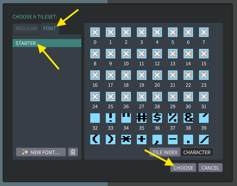 Choosing the font tileset