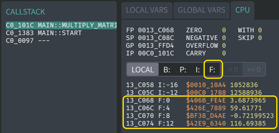 "CPU" tab in the Hybrix debugger