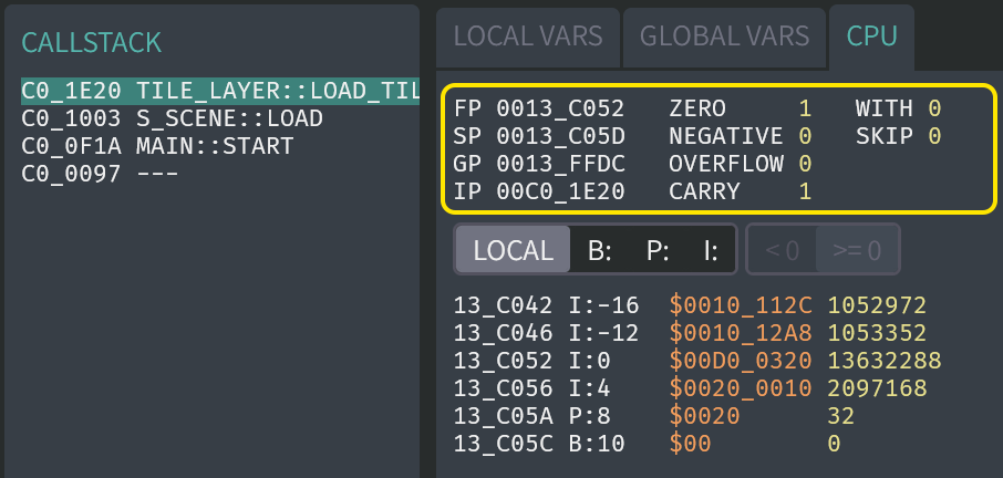 "CPU" tab in the Hybrix debugger
