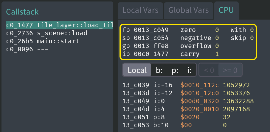 "CPU" tab in the Hybrix debugger
